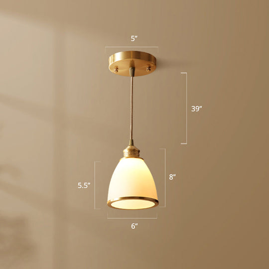 Simple Style Opal Glass Brass Pendant Lamp Bell Shade Hanging Light For Dining Room