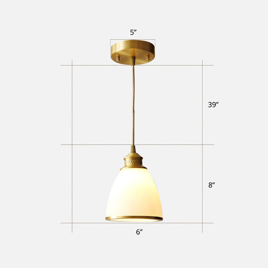 Simple Style Opal Glass Brass Pendant Lamp Bell Shade Hanging Light For Dining Room