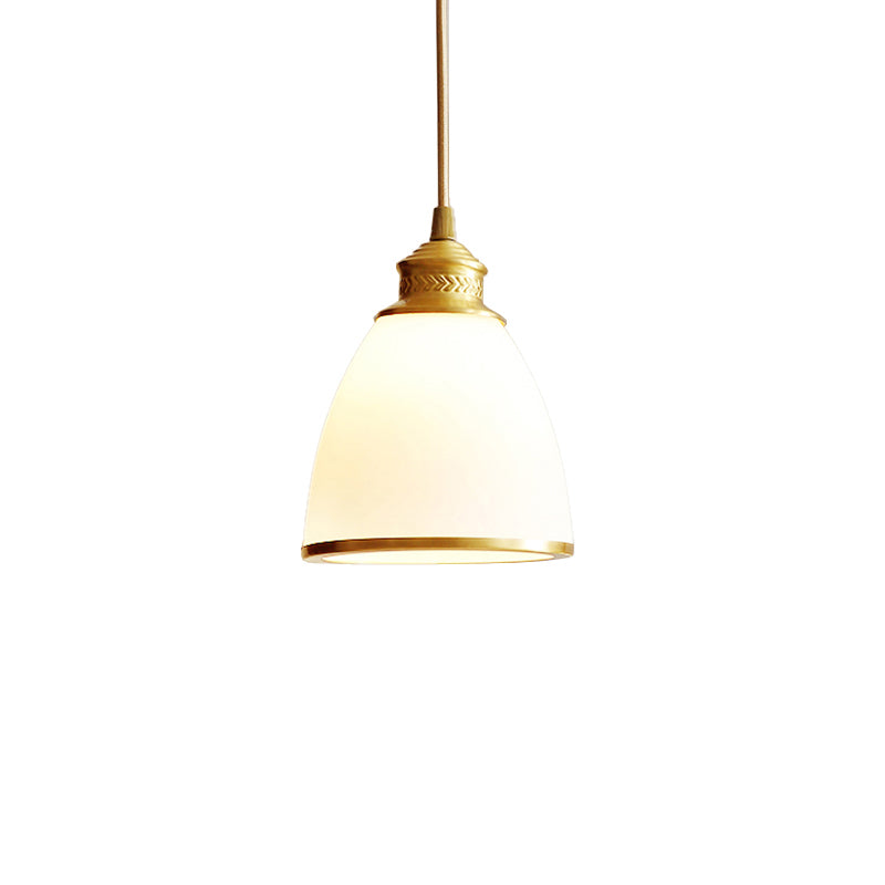 Simple Style Opal Glass Brass Pendant Lamp Bell Shade Hanging Light For Dining Room