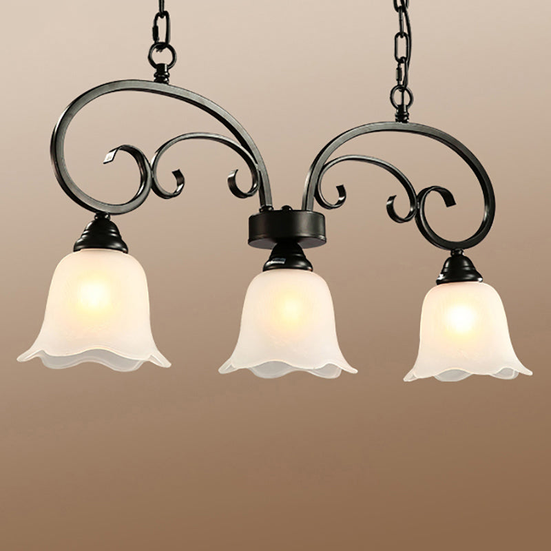 Rustic Black Floral Swirls Pendant Island Lamp - 3 Lights Frosted White Glass Perfect For