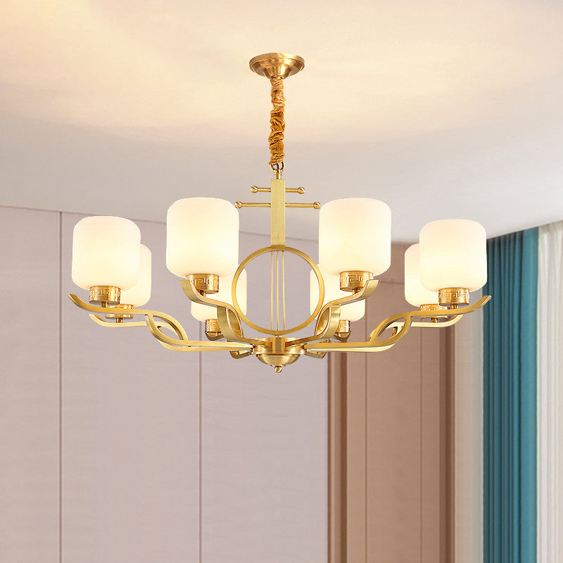 Brass Cylinder Milk Glass Chandelier Pendant Light For Traditional Living Rooms