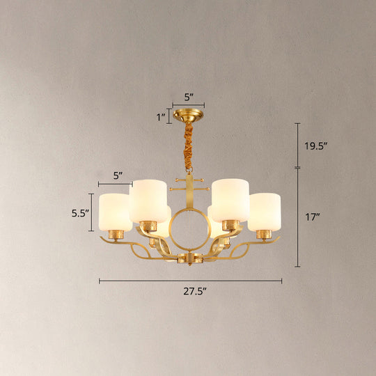 Brass Cylinder Milk Glass Chandelier Pendant Light For Traditional Living Rooms 6 /