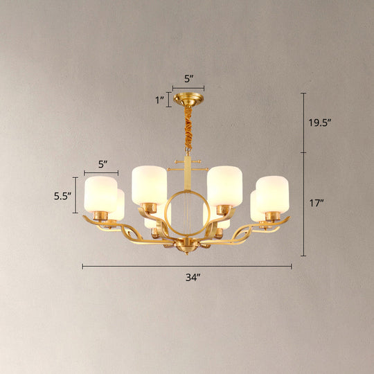 Brass Cylinder Milk Glass Chandelier Pendant Light For Traditional Living Rooms 8 /