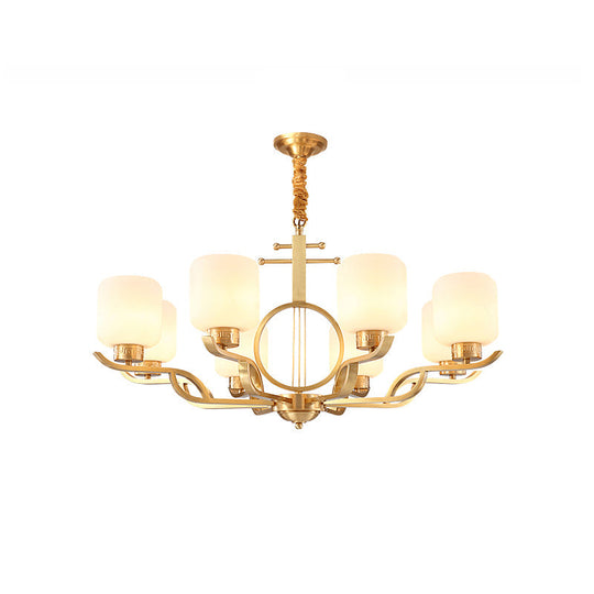 Brass Cylinder Milk Glass Chandelier Pendant Light For Traditional Living Rooms