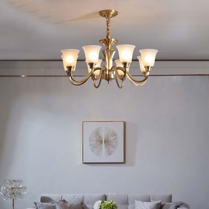 Vintage Brass Pendant Chandelier With Frosted Glass For Flared Stair Ceilings