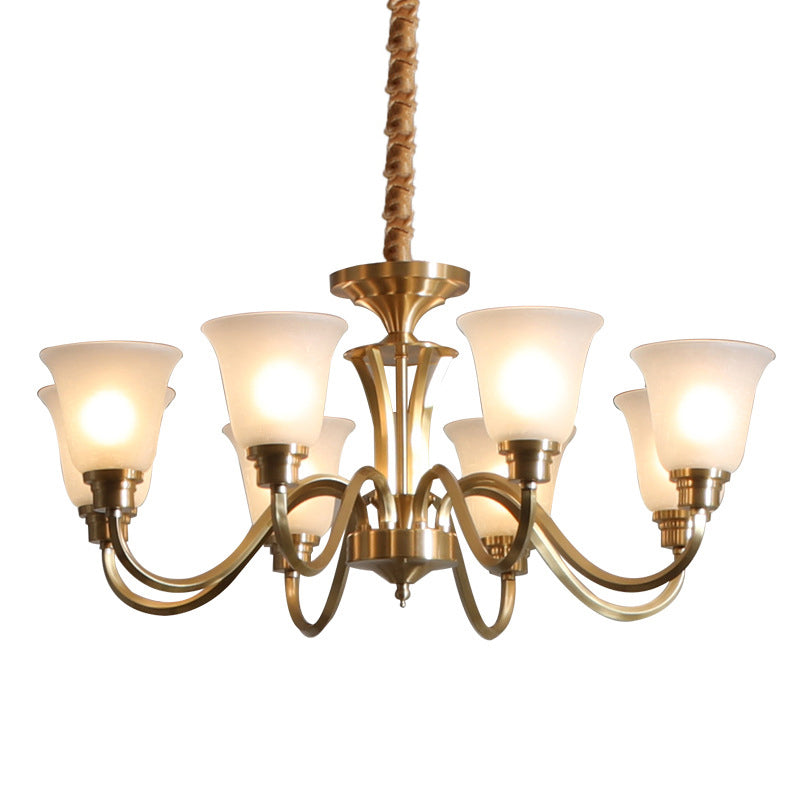 Vintage Brass Pendant Chandelier With Frosted Glass For Flared Stair Ceilings