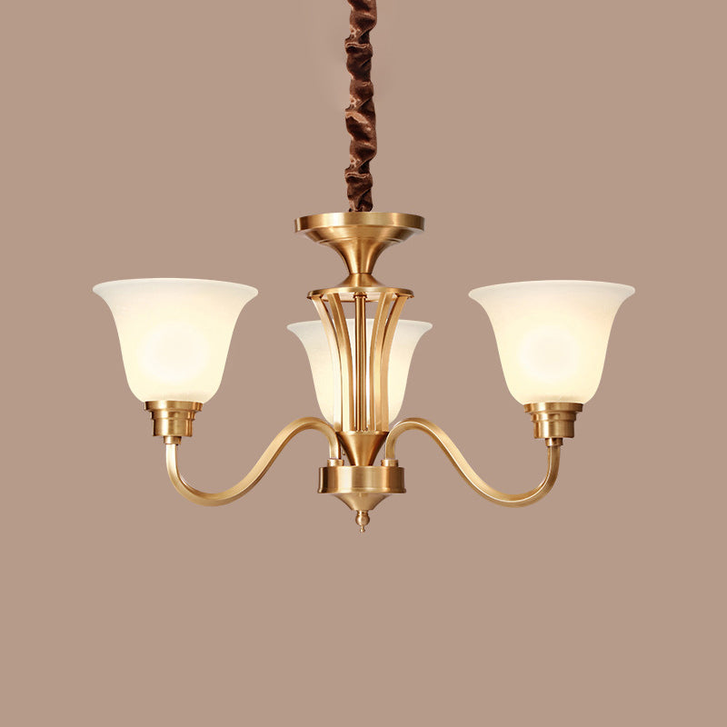 Vintage Brass Pendant Chandelier With Frosted Glass For Flared Stair Ceilings