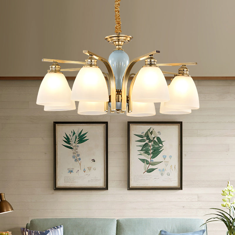 Vintage-Style Brass-Blue Ceramic Deco Chandelier With Frosted Glass - Elegant Hanging Light