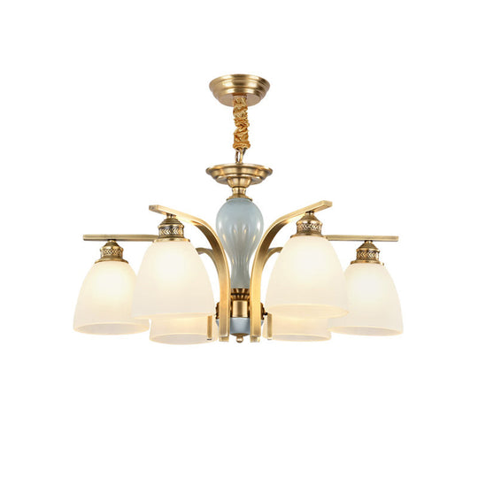 Vintage-Style Brass-Blue Ceramic Deco Chandelier With Frosted Glass - Elegant Hanging Light