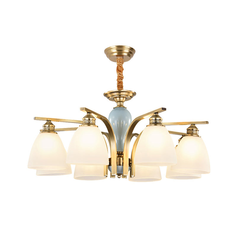 Vintage-Style Brass-Blue Ceramic Deco Chandelier With Frosted Glass - Elegant Hanging Light