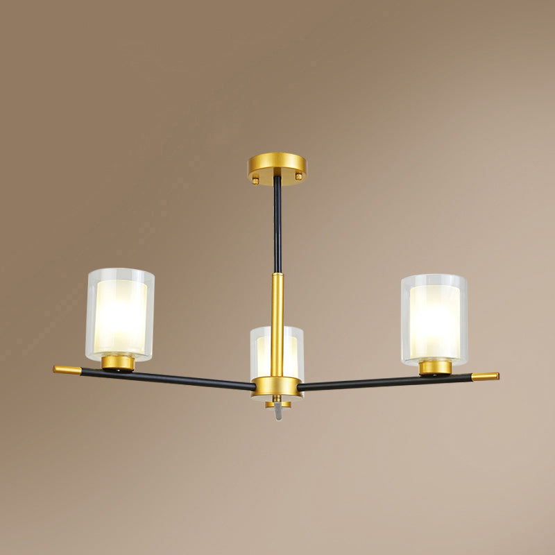 Minimalist Black-Brass Suspension Lamp: Clear + Frosted Cylinder Design For Dining Room Chandelier