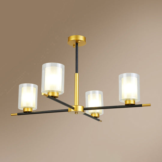 Minimalist Black-Brass Suspension Lamp: Clear + Frosted Cylinder Design For Dining Room Chandelier