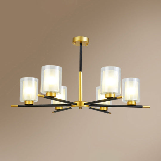 Minimalist Black-Brass Suspension Lamp: Clear + Frosted Cylinder Design For Dining Room Chandelier