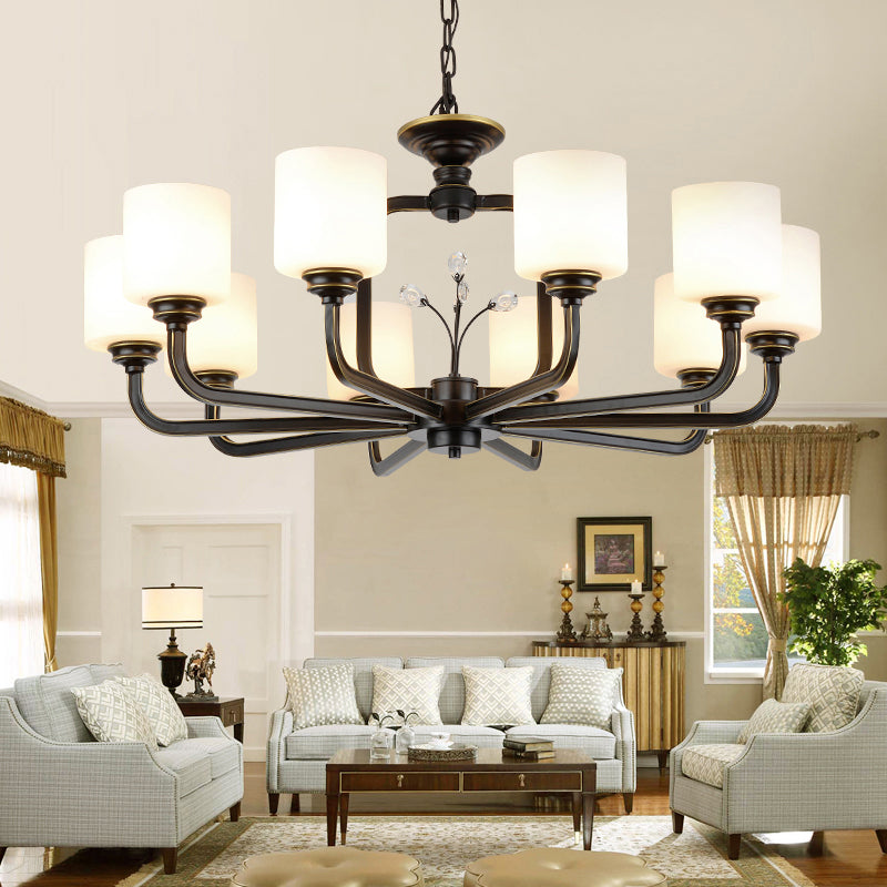 Vintage Style Glass Pendant Lamp For Living Room - Milky Cylinder Chandelier Light