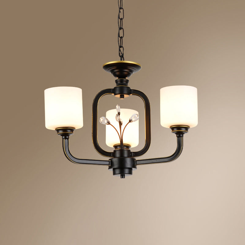 Vintage Style Glass Pendant Lamp For Living Room - Milky Cylinder Chandelier Light 3 / Black