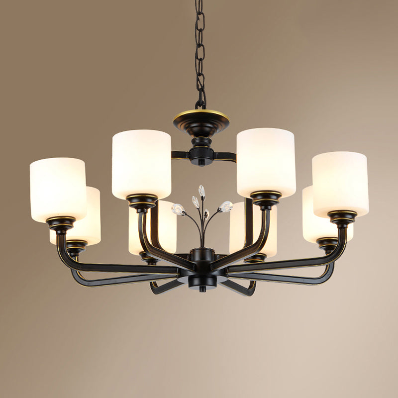 Vintage Style Glass Pendant Lamp For Living Room - Milky Cylinder Chandelier Light 8 / Black