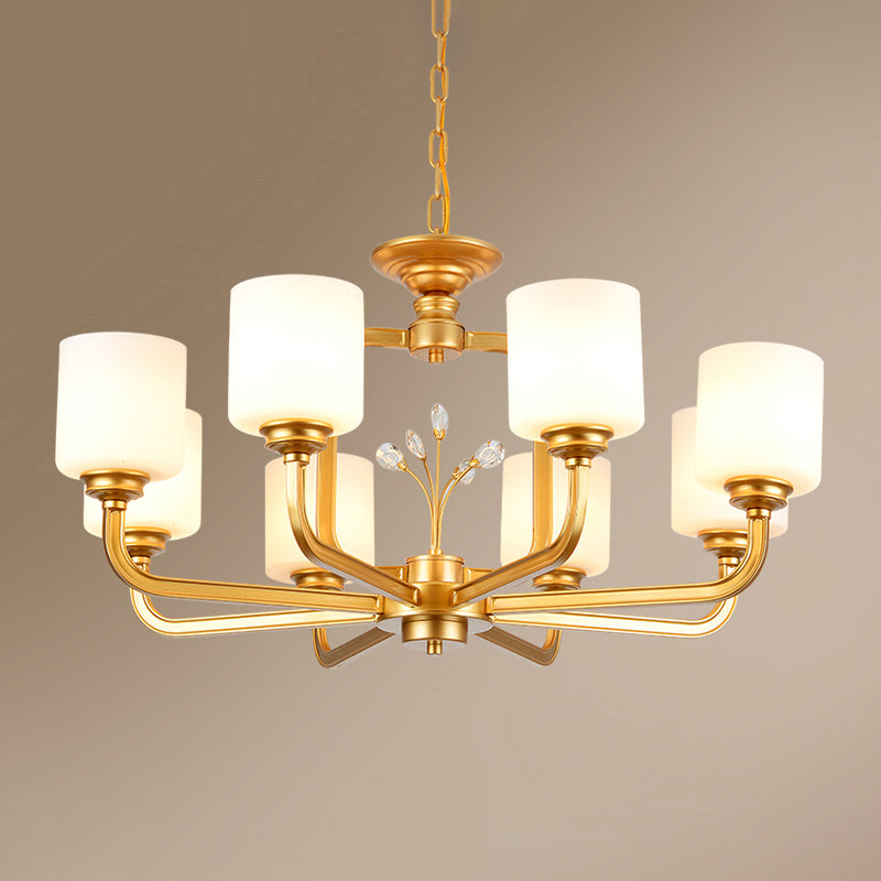 Vintage Style Glass Pendant Lamp For Living Room - Milky Cylinder Chandelier Light 8 / Gold