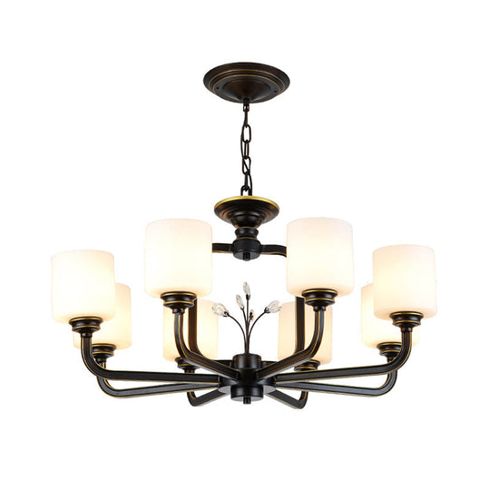 Vintage Style Glass Pendant Lamp For Living Room - Milky Cylinder Chandelier Light