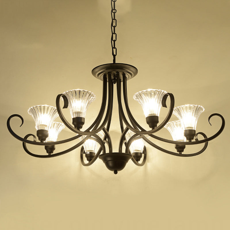 Black Retro Parlor Chandelier With Clear Ribbed Glass & Swirled Arm