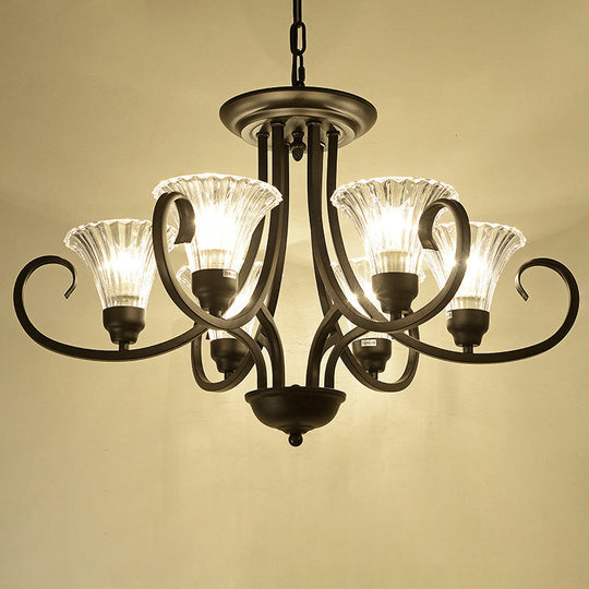 Black Retro Parlor Chandelier With Clear Ribbed Glass & Swirled Arm