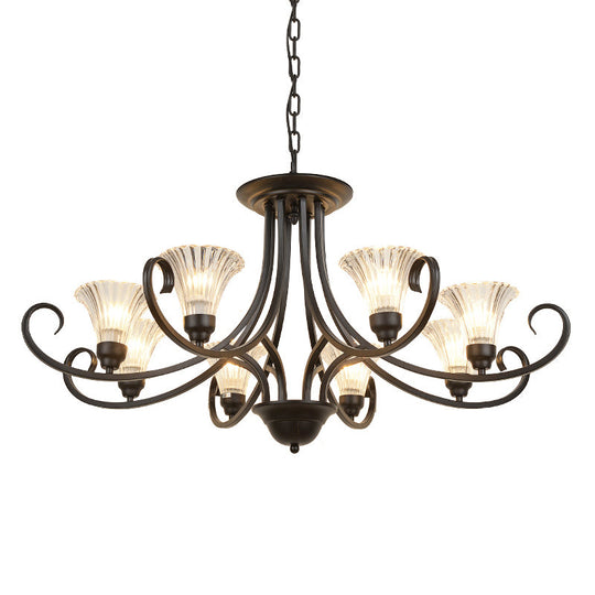 Black Retro Parlor Chandelier With Clear Ribbed Glass & Swirled Arm