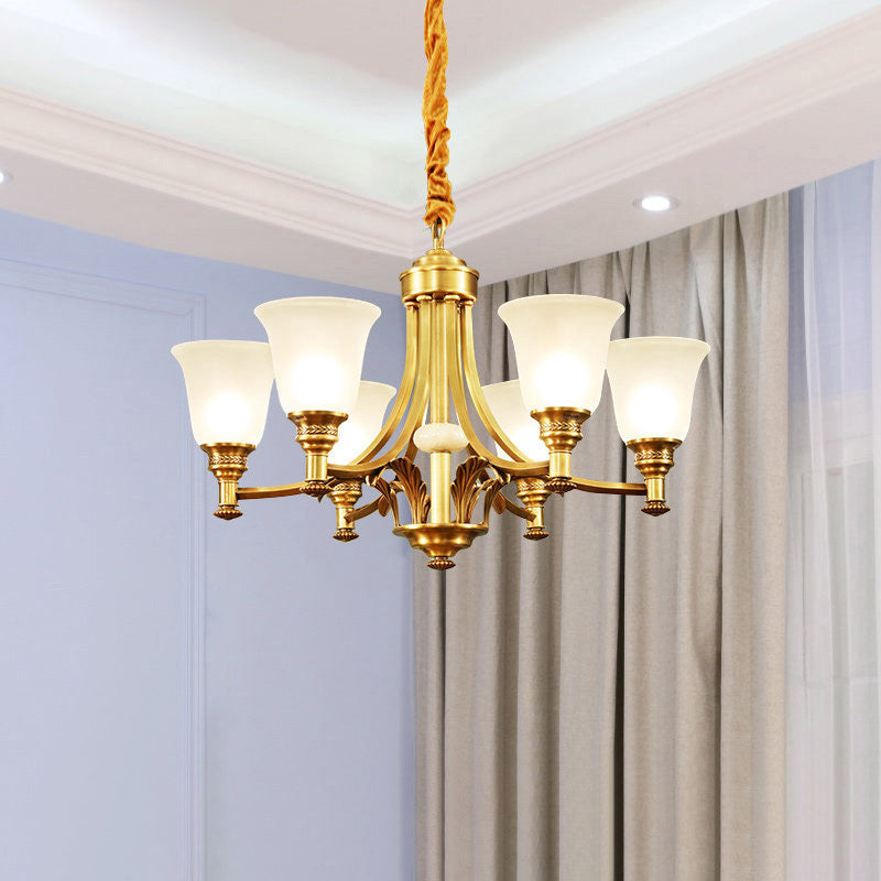 Antique Style Opaline Glass Bedroom Chandelier With Brass Flared Design