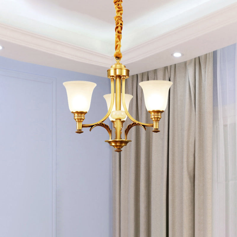 Antique Style Opaline Glass Bedroom Chandelier With Brass Flared Design