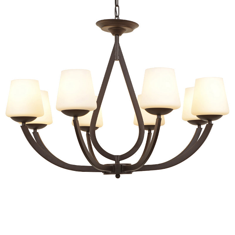 Vintage Pendant Light With Milk Glass Shade - Metal Black Finish Chandelier Swoop Arm