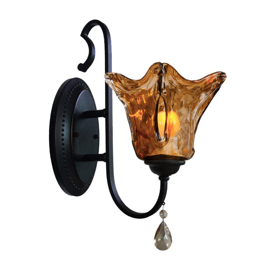 Modern Tan Wall Sconce With Flower Glass Shade - Stylish Single Head Light For Living Room