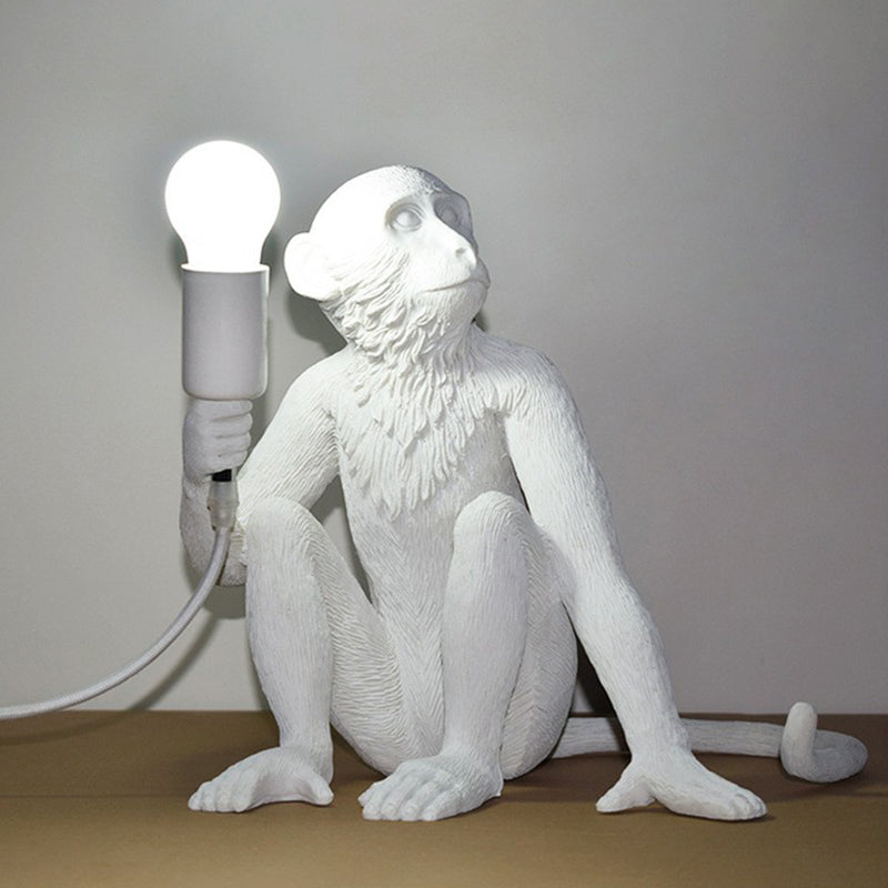 Art Deco Monkey Statuette Night Light: Resin Table Lamp With Bare Bulb For Bedroom White