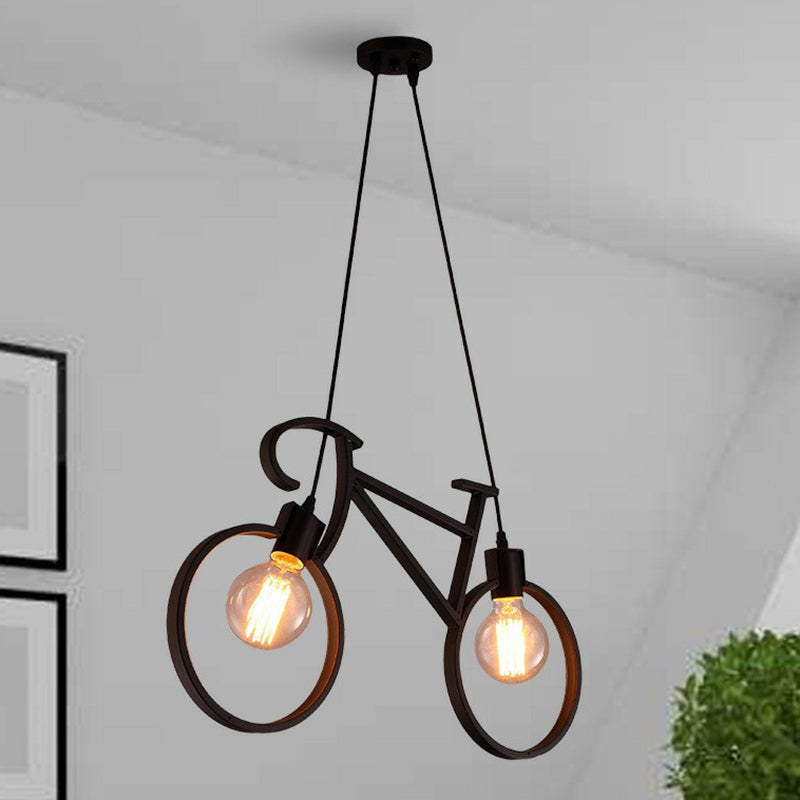 Art Deco Metallic Bicycle Bedroom Pendant Light - 2 Bulbs Suspended Lighting Fixture