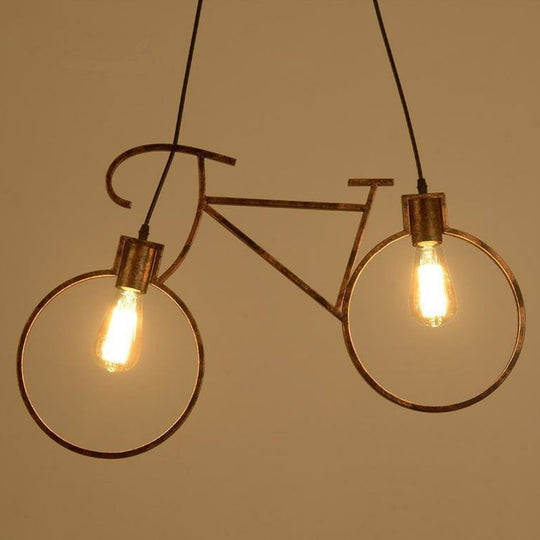 Art Deco Metallic Bicycle Bedroom Pendant Light - 2 Bulbs Suspended Lighting Fixture