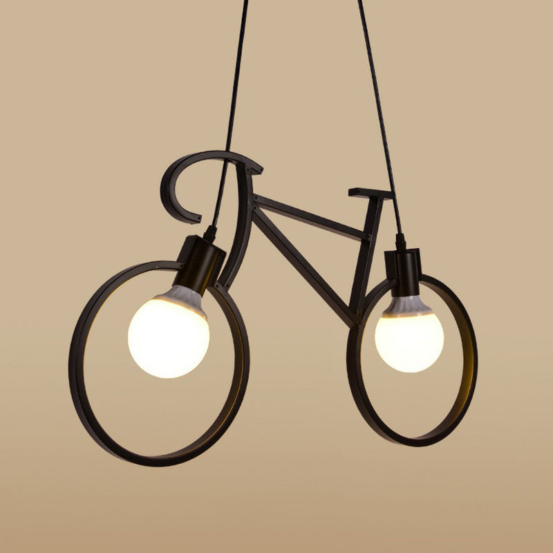 Art Deco Metallic Bicycle Bedroom Pendant Light - 2 Bulbs Suspended Lighting Fixture Black