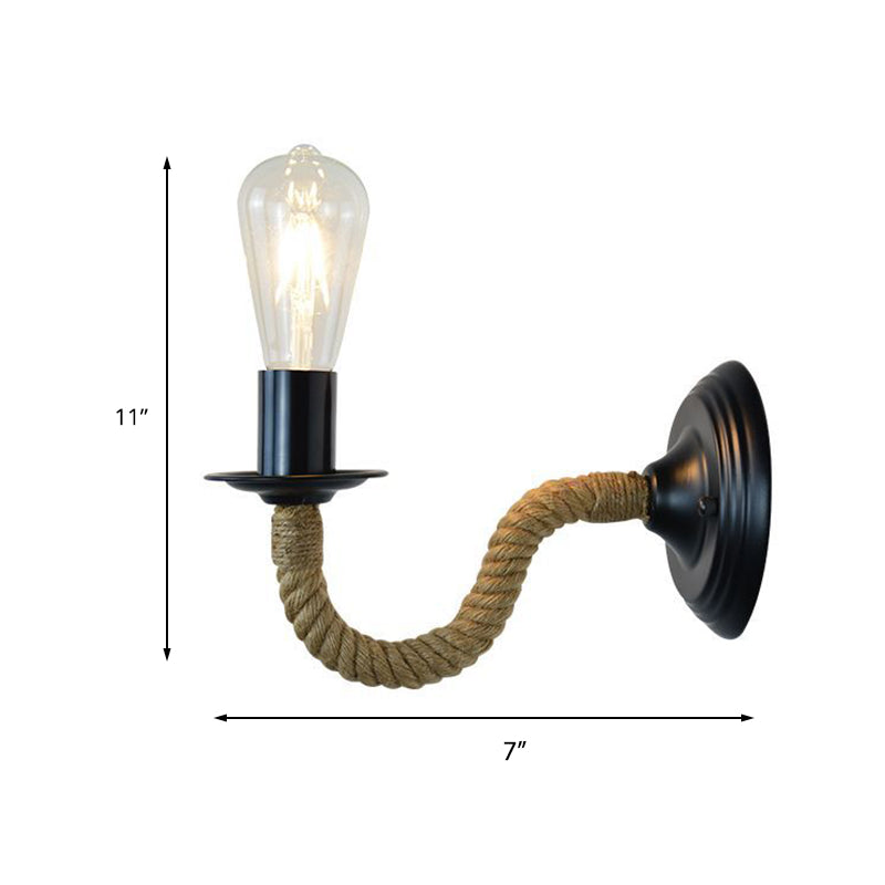 Traditional Bare Bulb Sconce Light Fixture - 1-Light Metal Wall Mount With Rope-Wrapped Arm In Black