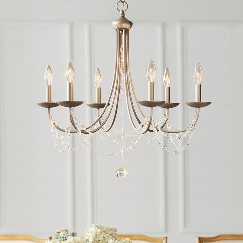 Countryside Bedroom Chandelier: Candle Style Metal Suspension Lighting With Crystal Deco 6-Light