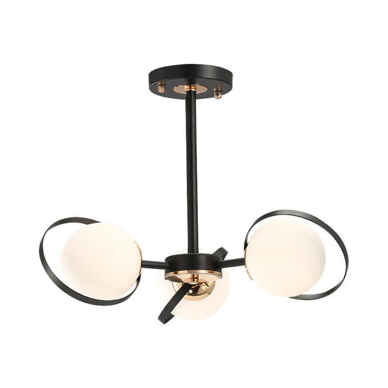 Modernist Ball White Glass Chandelier: Radial Design 3/6 Lights Black Ceiling Lamp Fixture