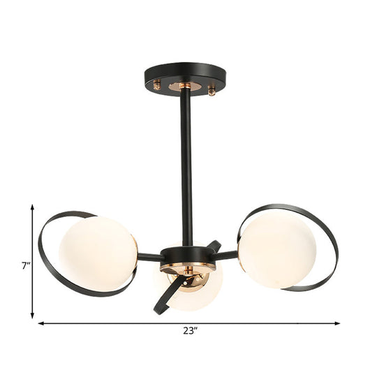 Modernist Ball White Glass Chandelier: Radial Design 3/6 Lights Black Ceiling Lamp Fixture