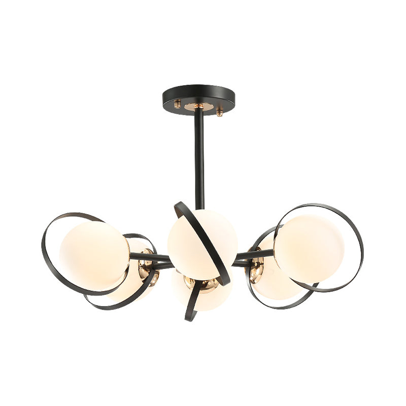 Modernist Ball White Glass Chandelier: Radial Design 3/6 Lights Black Ceiling Lamp Fixture