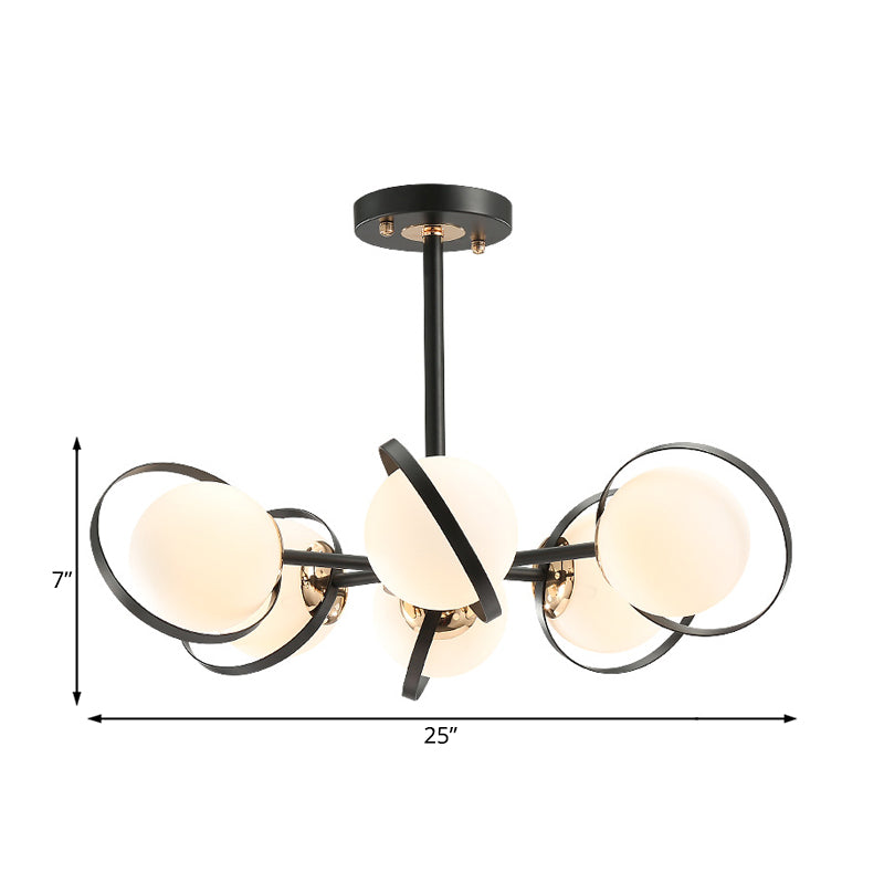 Modernist Ball White Glass Chandelier: Radial Design 3/6 Lights Black Ceiling Lamp Fixture