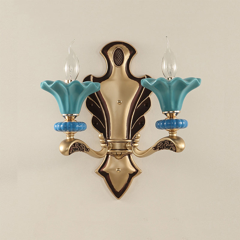 Blue Candelabra Wall Sconce With Porcelain Flower Shade - Classical Metal 1/2 Lights For Living Room