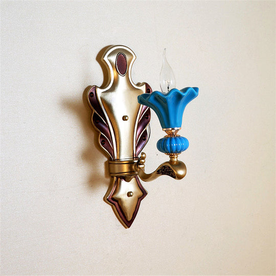 Blue Candelabra Wall Sconce With Porcelain Flower Shade - Classical Metal 1/2 Lights For Living Room