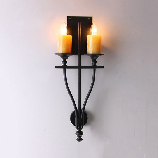 Vintage Metal Candle Study Wall Sconce Elegant 2-Light Yellow/White Lamp With Marble Shade