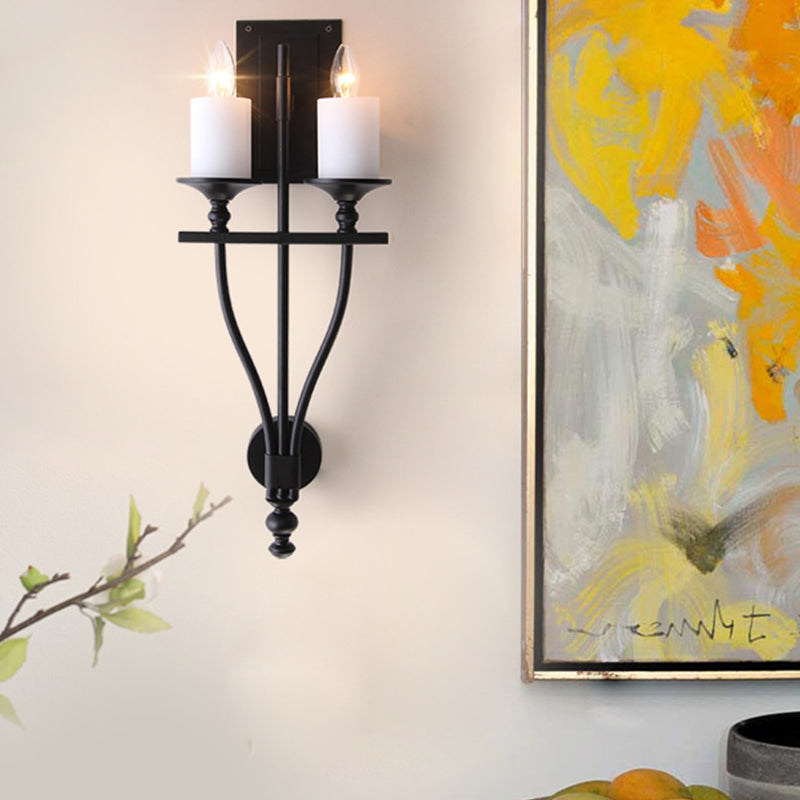 Vintage Metal Candle Study Wall Sconce Elegant 2-Light Yellow/White Lamp With Marble Shade White