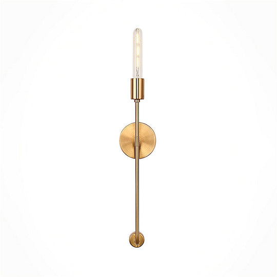 Retro Gold Wall Sconce With Linear Arm And Bare Bulb For Living Room