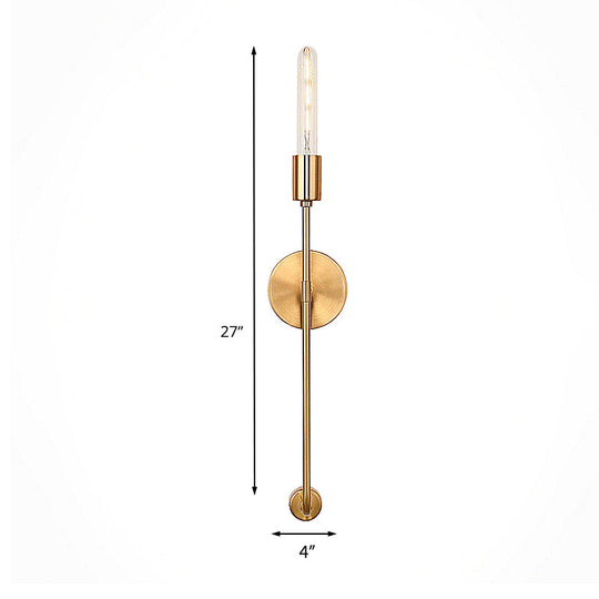 Retro Gold Wall Sconce With Linear Arm And Bare Bulb For Living Room