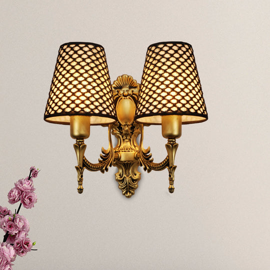 Gold Cone Wall Mount Sconce Light With Carved Lattice Fabric Shade Traditional Metal Design For