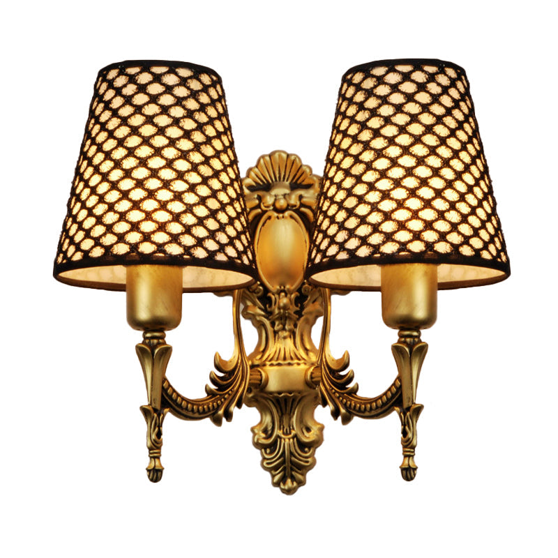 Gold Cone Wall Mount Sconce Light With Carved Lattice Fabric Shade Traditional Metal Design For