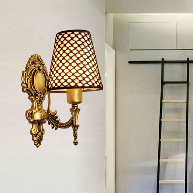 Gold Cone Wall Mount Sconce Light With Carved Lattice Fabric Shade Traditional Metal Design For