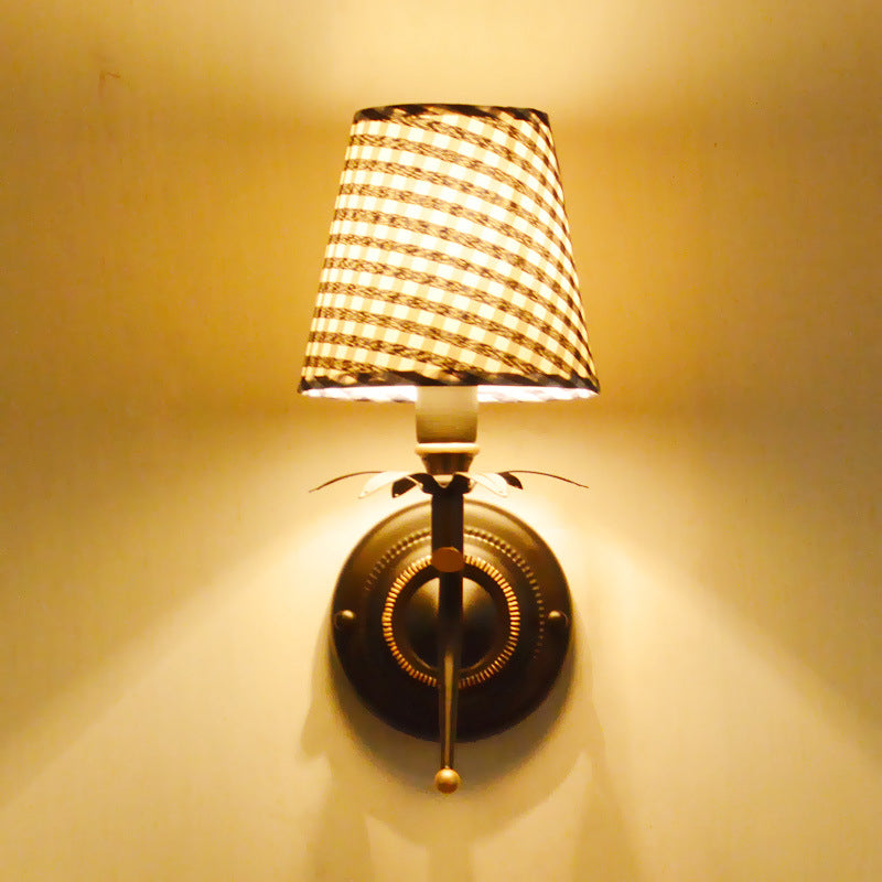 Blue Wall Mount Sconce Light With Traditional Metal Conical Design And Lattice Fabric Shade