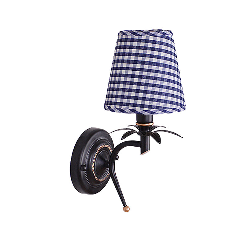 Blue Wall Mount Sconce Light With Traditional Metal Conical Design And Lattice Fabric Shade